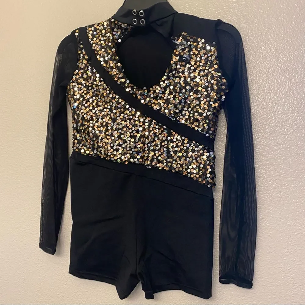 WEISSMAN Dance jazz Costume black silver gold sequin biketard 11731 XLC child